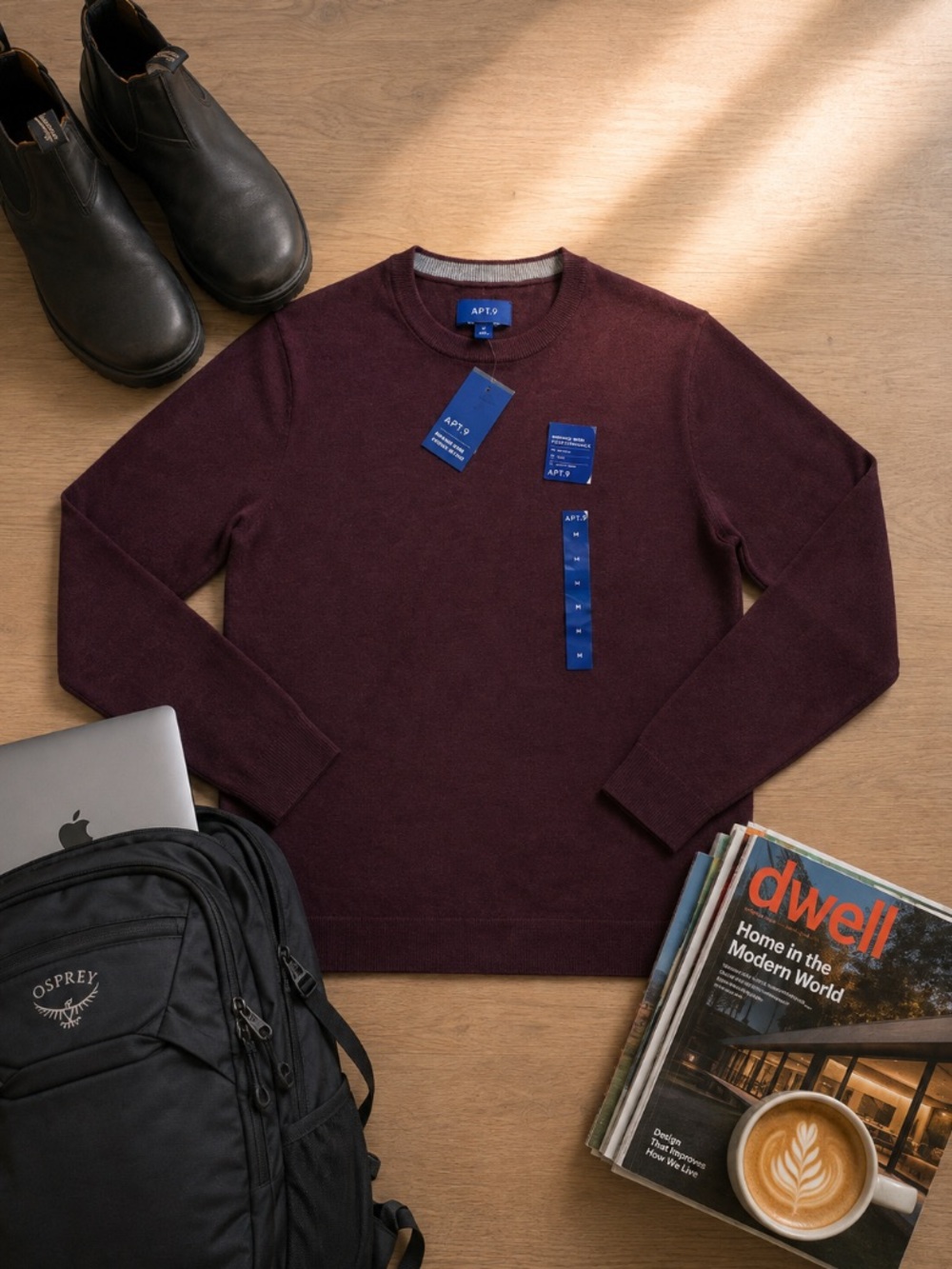 NWT Apt 9 Mens M Merino Wool Blend Crewneck Sweater Plum Lightweight Travel